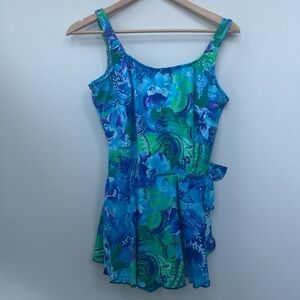 Maxine of Hollywood vintage-style blue green floral print swim dress swimsuit